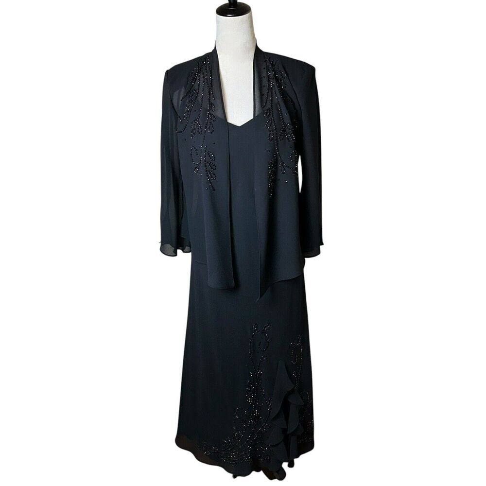 R&M Richards 2 Piece Black Beaded Evening Dress 6P | Ruffle‎ Slit Lined Chiffon
